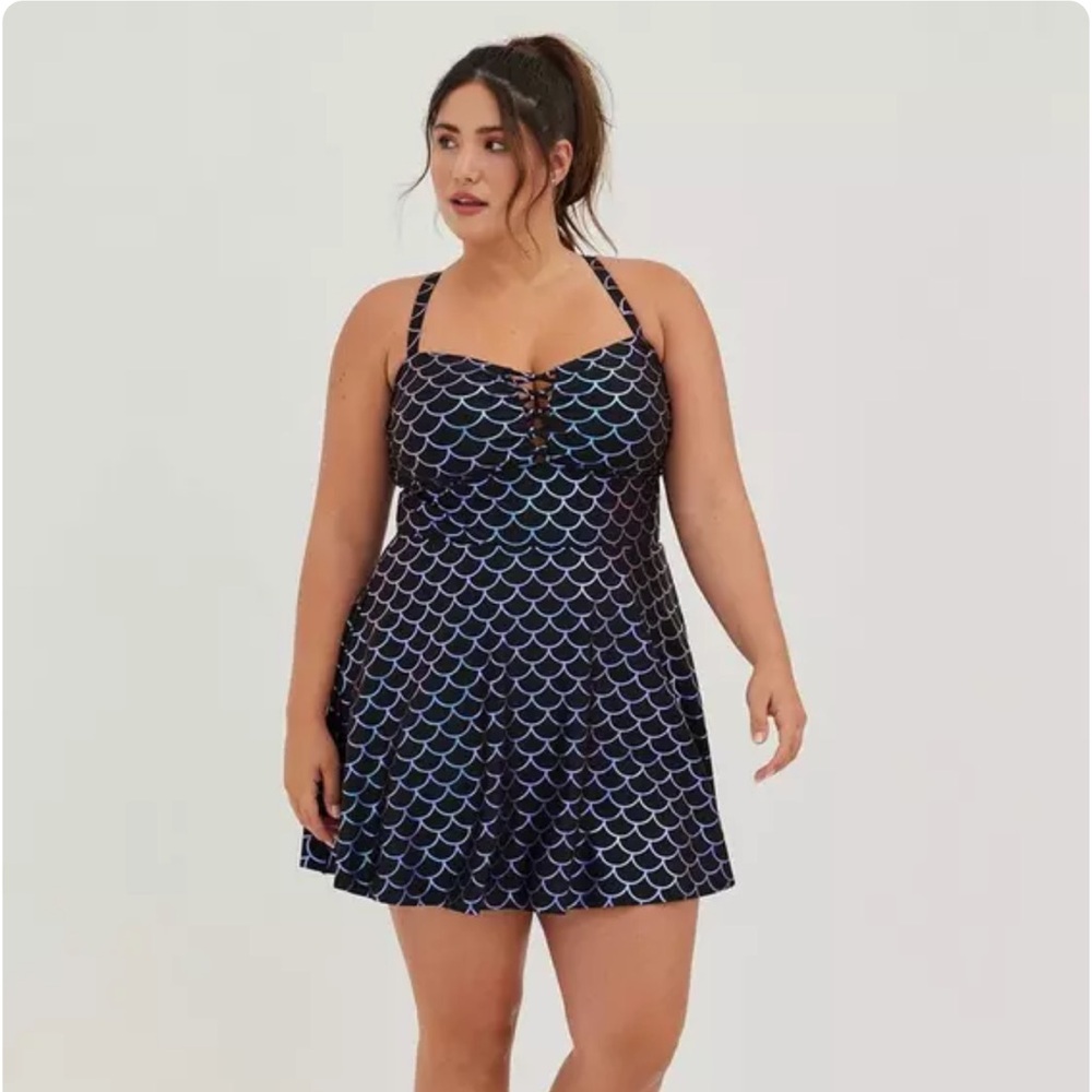 Navy Blue One-Piece Swim Dress with Polka Dots